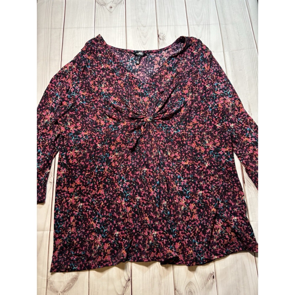 Women’s Daisy Fuentes 1X Black Purple V-Neck Blouse 3/4 Sleeve Top